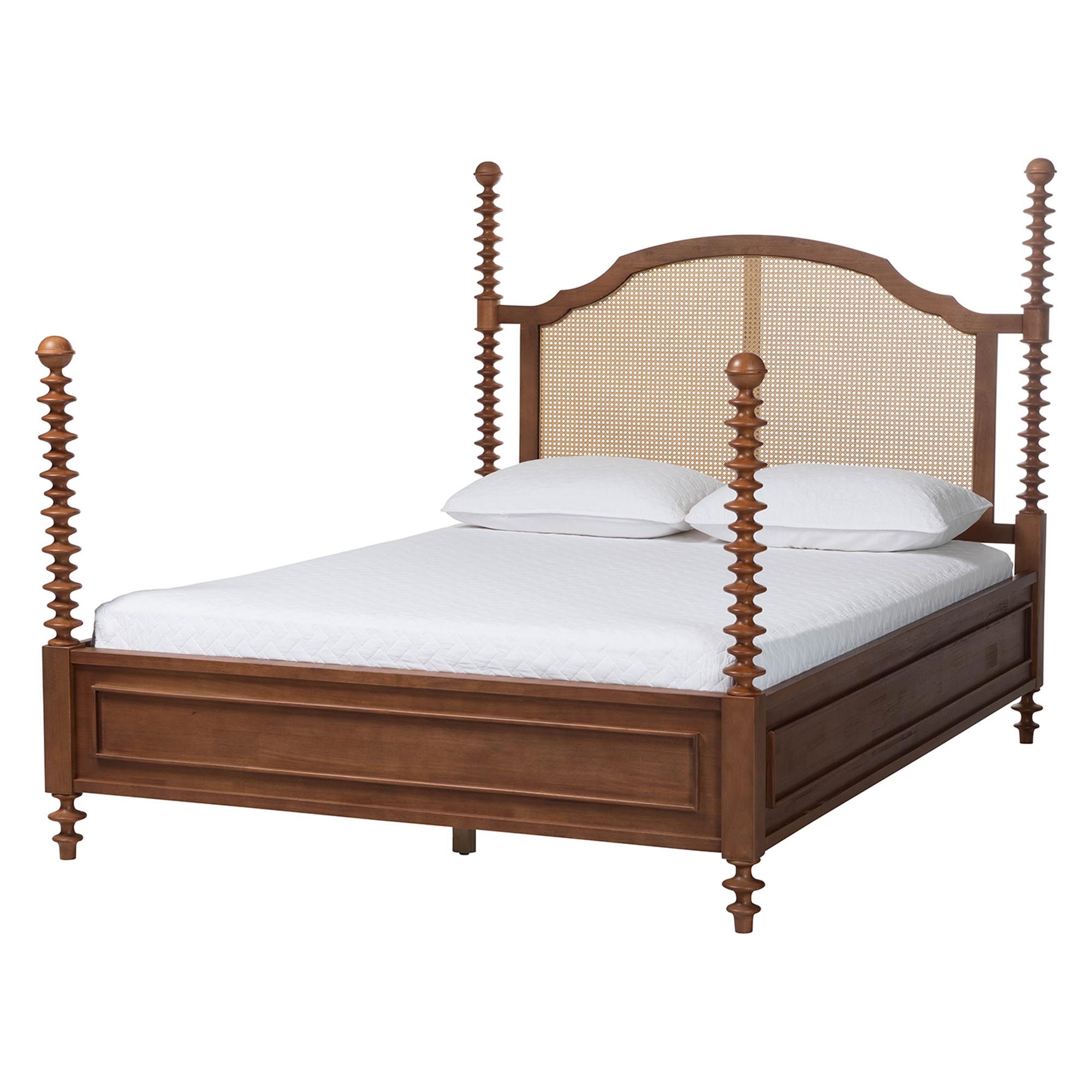 Baxton Studio Neviah Four Poster Bed with Woven Rattan Headboard, King, Walnut Brown